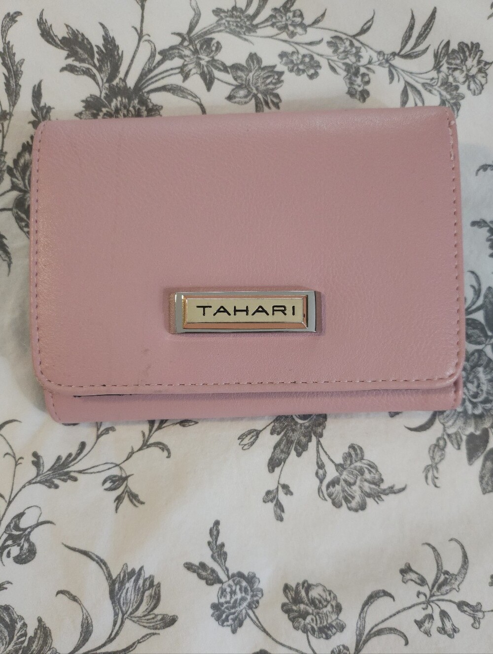 Tahari Light Pink Leather Compact Wallet with Metal Logo